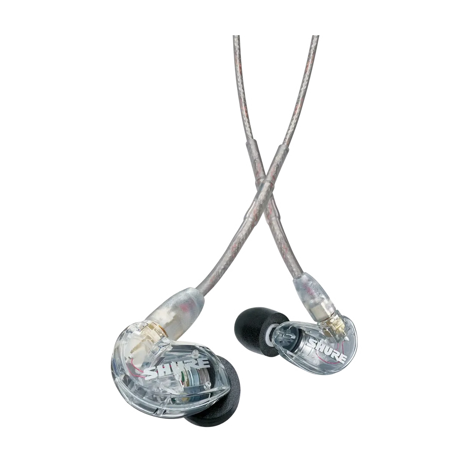 Clear earbud headphones with visible Shure Logo