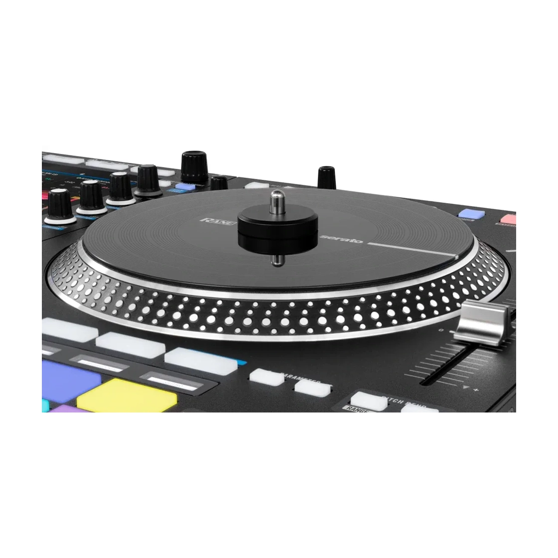 Rane System One All-In-One DJ Controller motorized platters front side angle view