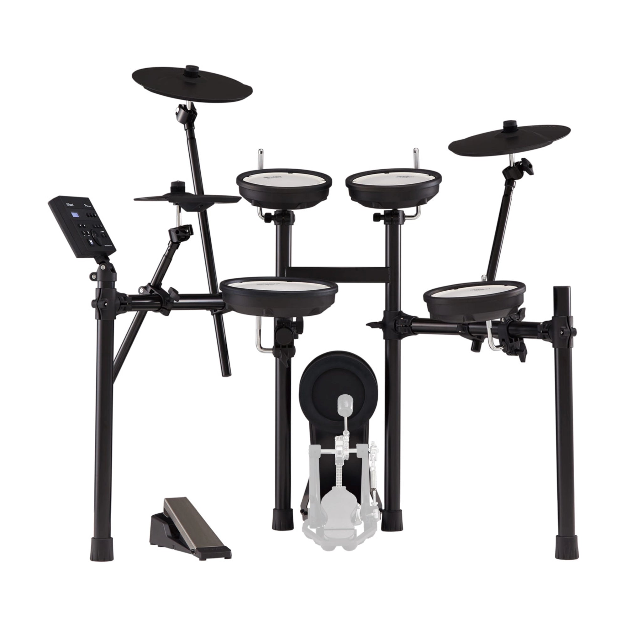 Roland TD-07KV V-Drums Electronic Drum Set, featuring a compact setup with mesh drum heads, cymbal pads, and a kick pad with pedal, all mounted on stands.