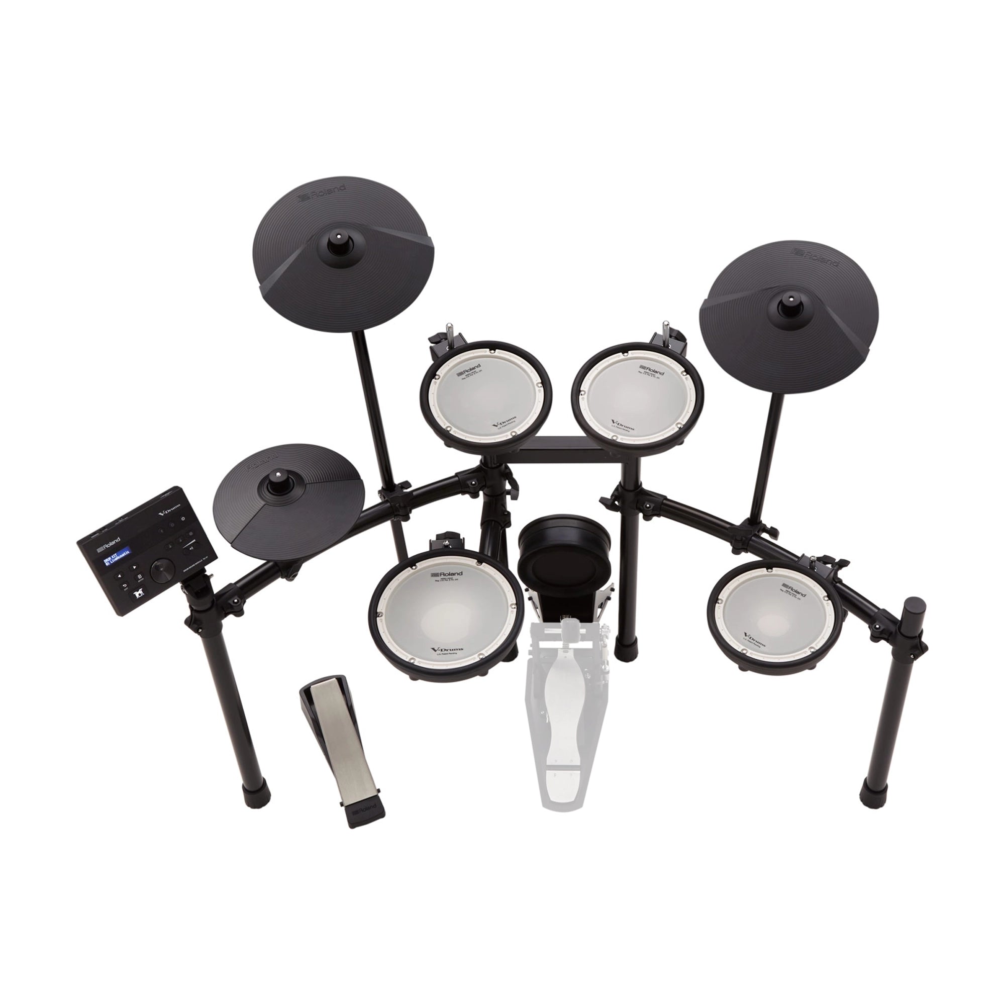 Top view of Roland TD-07KV V-Drums Electronic Drum Set, featuring a compact setup with mesh drum heads, cymbal pads, and a kick pad with pedal, all mounted on stands.