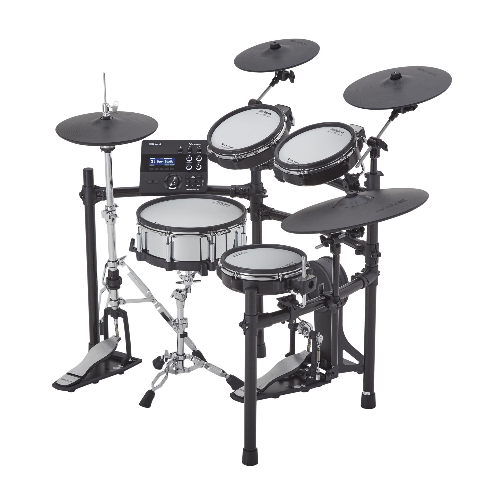 Electronic drum set with various drums and a display on a white background