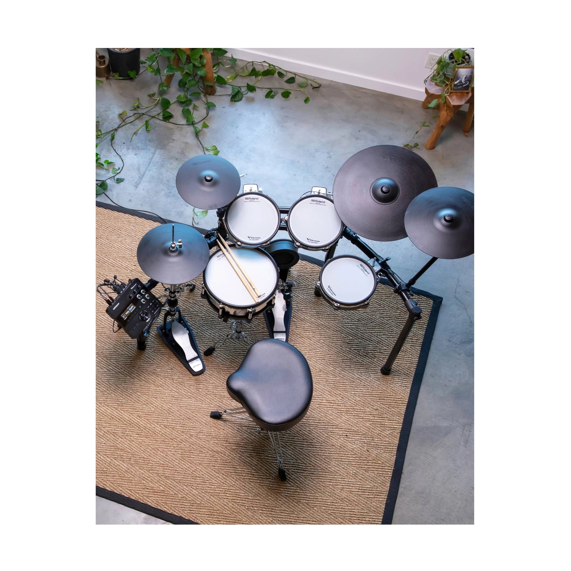 Roland V-Drums TD-27KV2 Electronic Drum Kit set on a rug with plants in the background