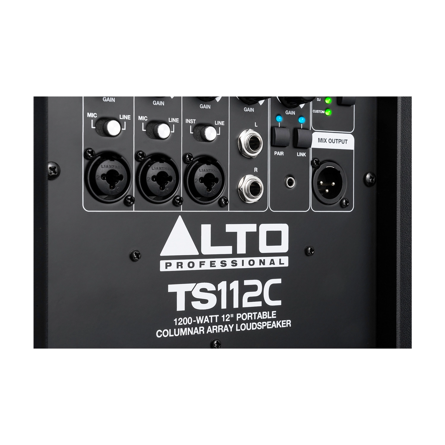 Alto Professional TS112C Portable Powered PA Speaker back panel view extreme close up