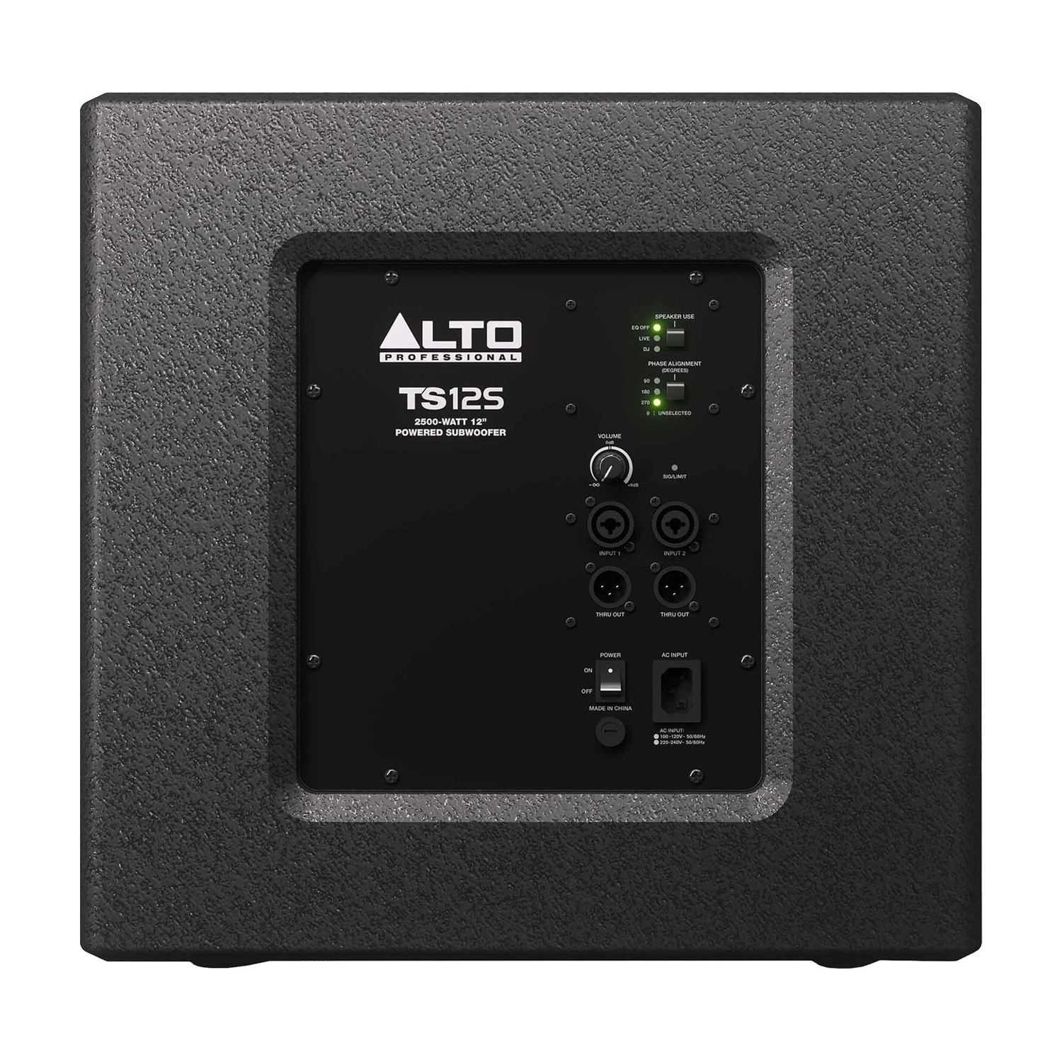 Alto Professional TS series 12" 2500-watt powered subwoofer front view back panel view