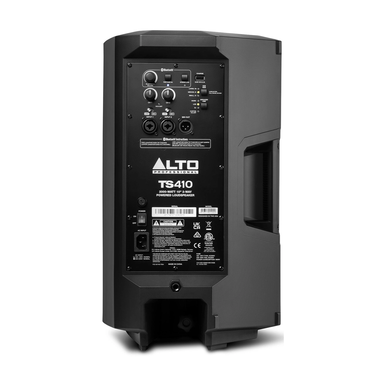 Back panel view of Alto Professional TS410 2,000-watt 10-Inch powered speaker with bluetooth and DSP features.