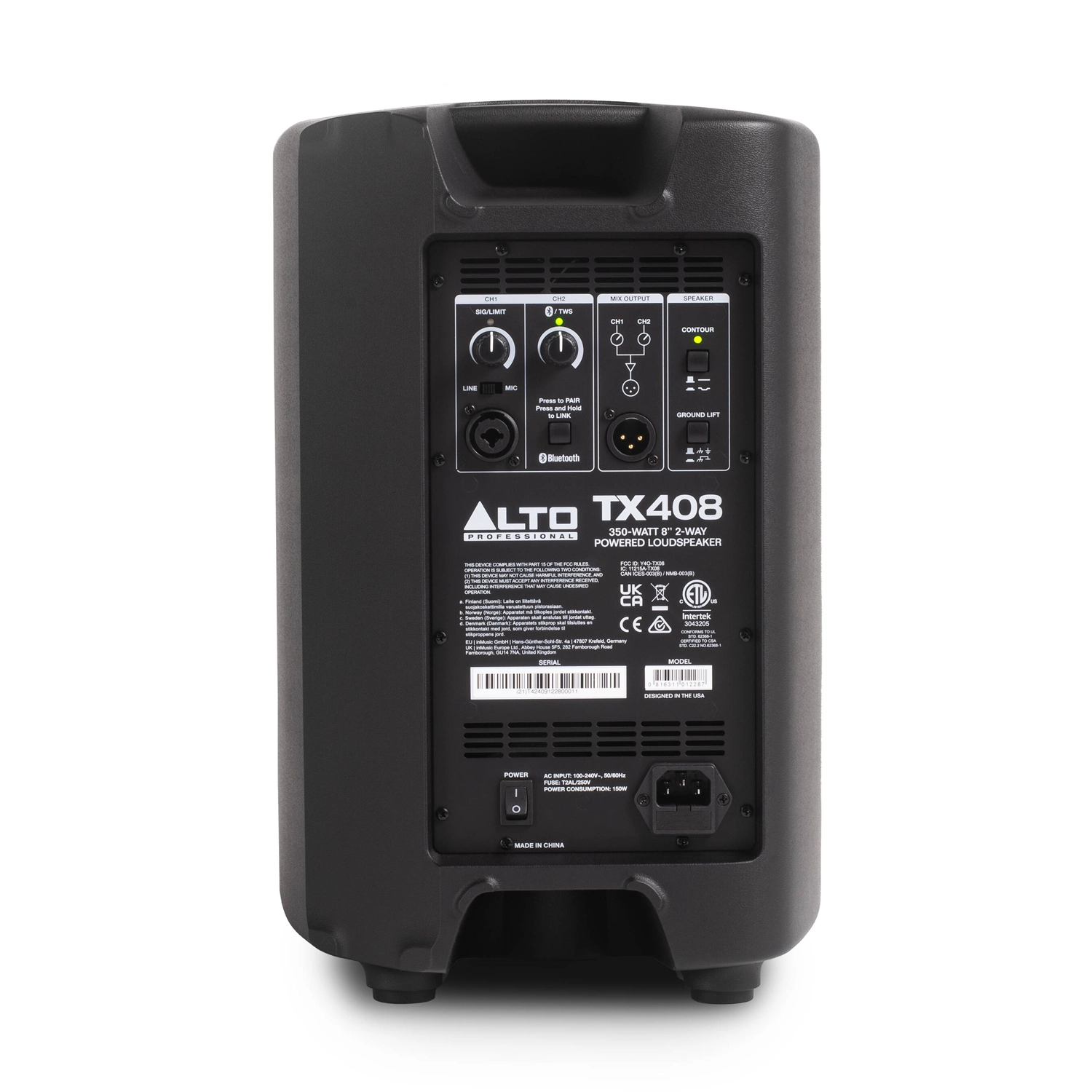 Back panel view Alto Professional TX408 350-watt 8-inch powered speaker