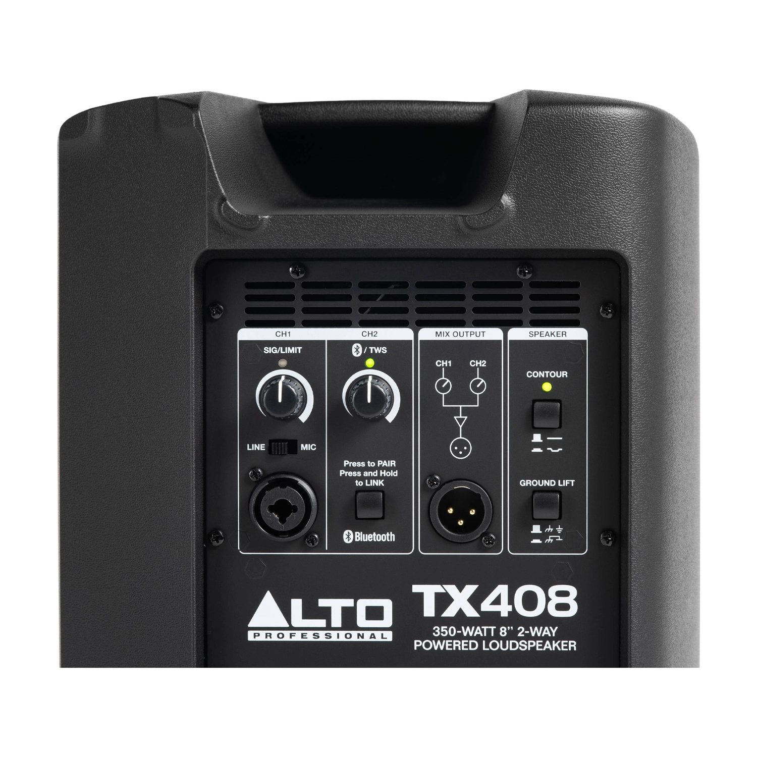 Back panel view Alto Professional TX408 350-watt 8-inch powered speaker