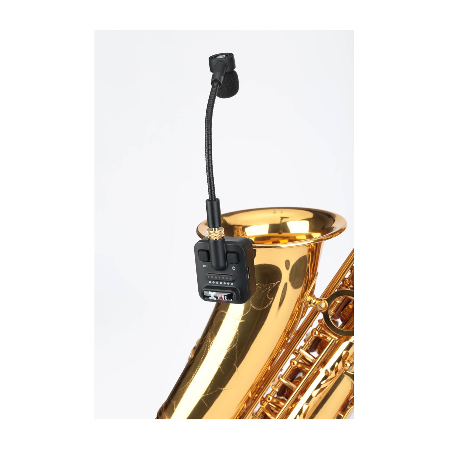 Close-up view of microphone mount on a saxophone