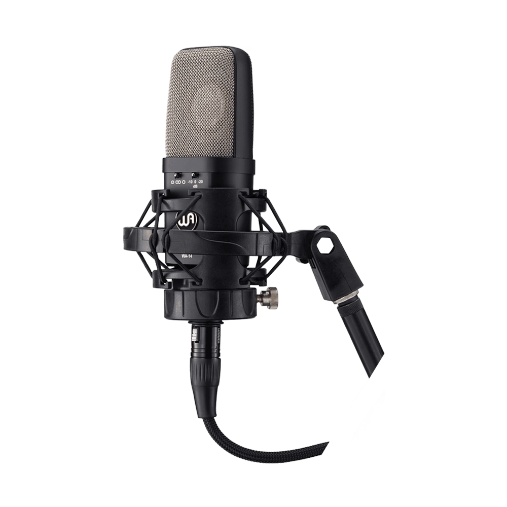 View of the Warm Audio WA-14 Classic Condenser Microphone in stand clamp and cable