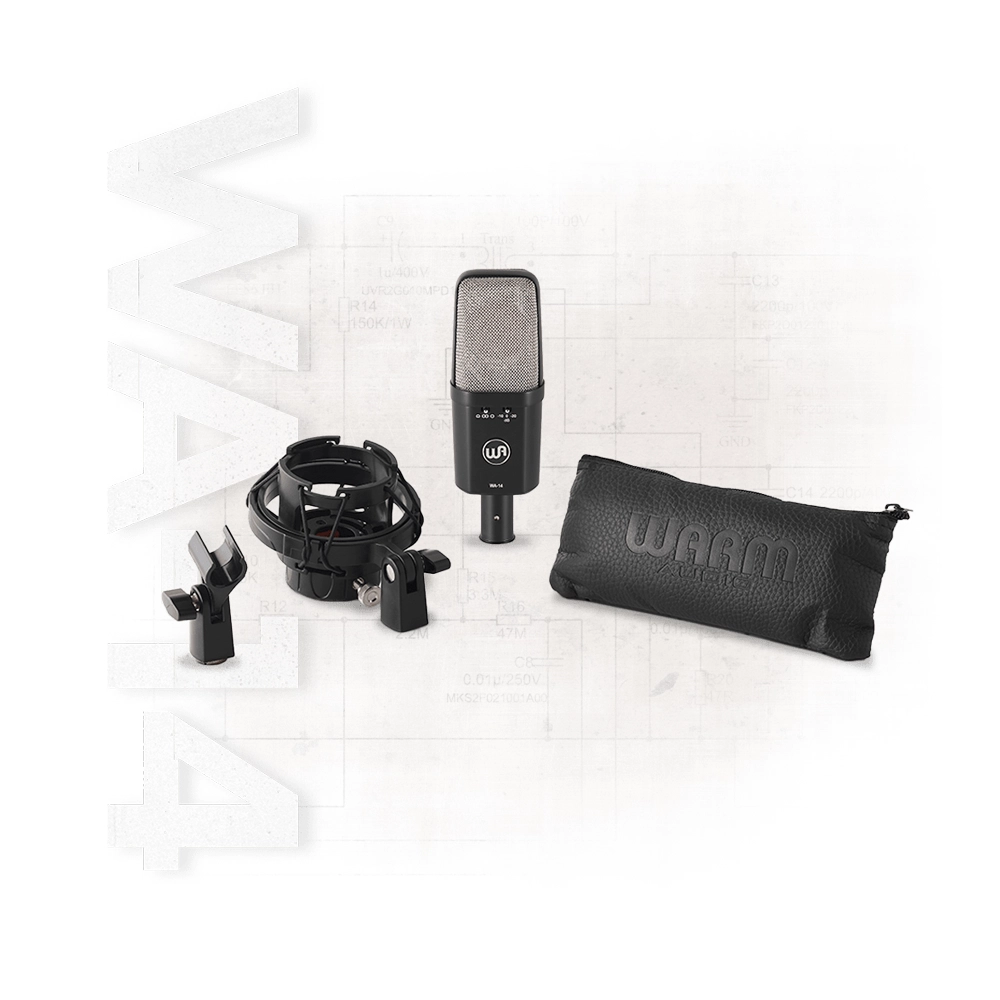 Full view of Warm Audio WA-14 Classic Condenser Microphone with all parts