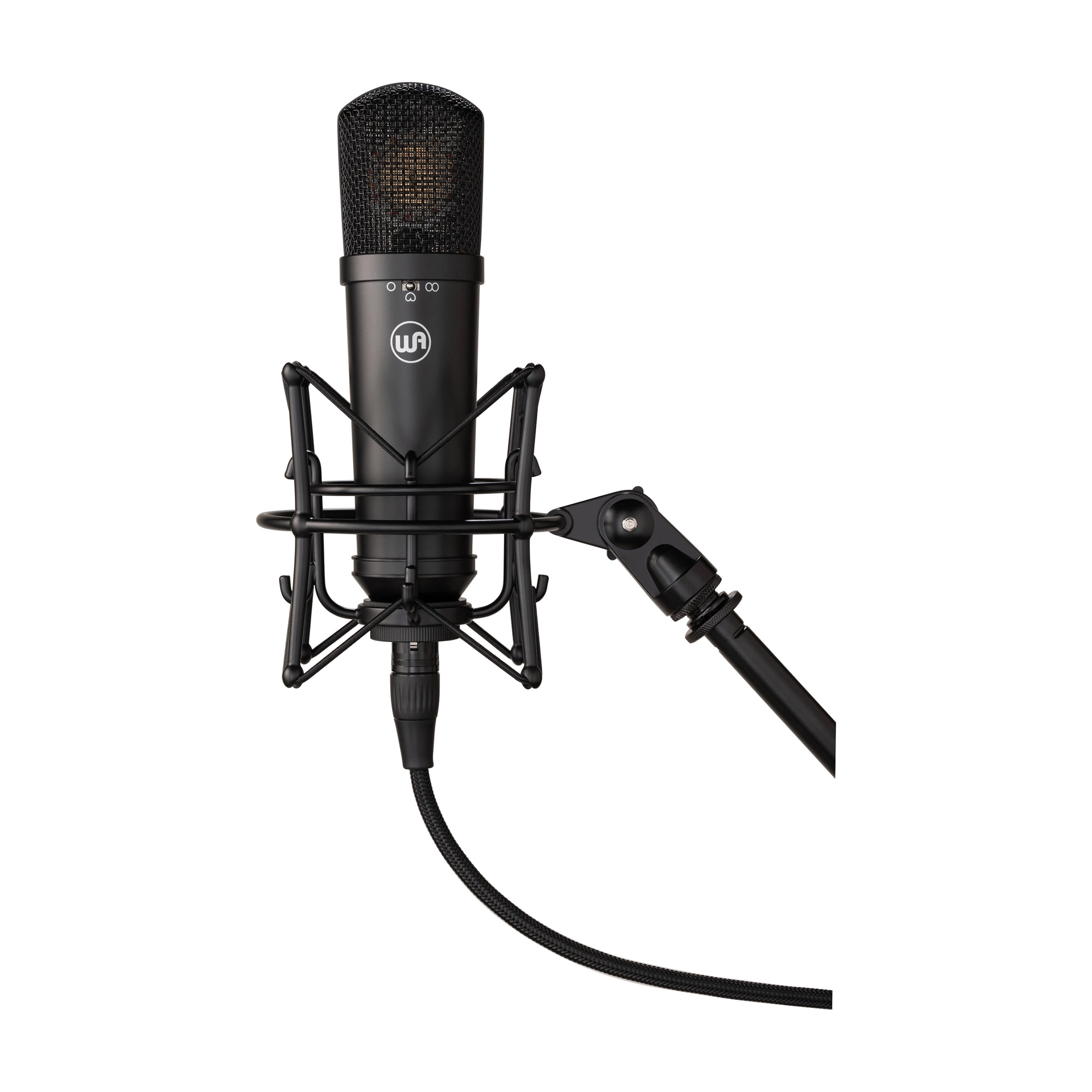 Warm Audio WA-87JR studio vocal microphone - black on mic mount, front view