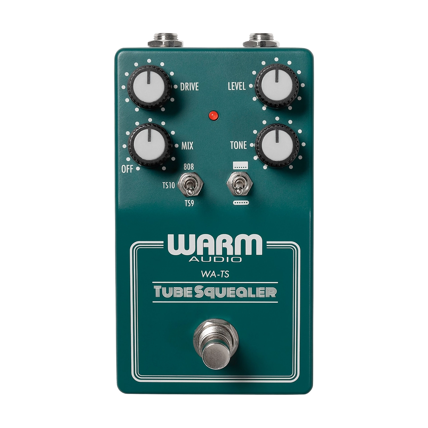Green guitar effects pedal with 'Warm Audio' branding on a white background
