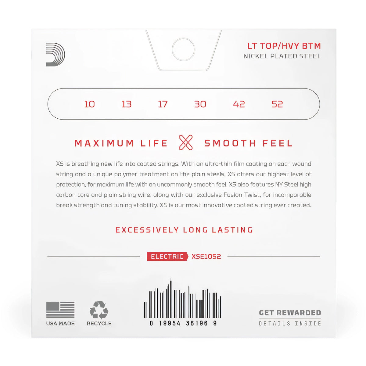 Cuerdas de guitarra eléctrica recubiertas D'Addario XSE1052 de tensión ligera en la parte superior y pesada en la parte inferior