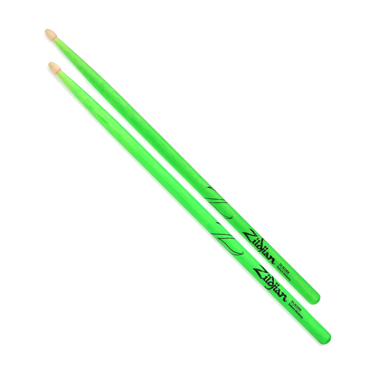 Front view of Zildjian Z5AACDGG 5A Acorn Wood Neon Green Drumsticks, Pair