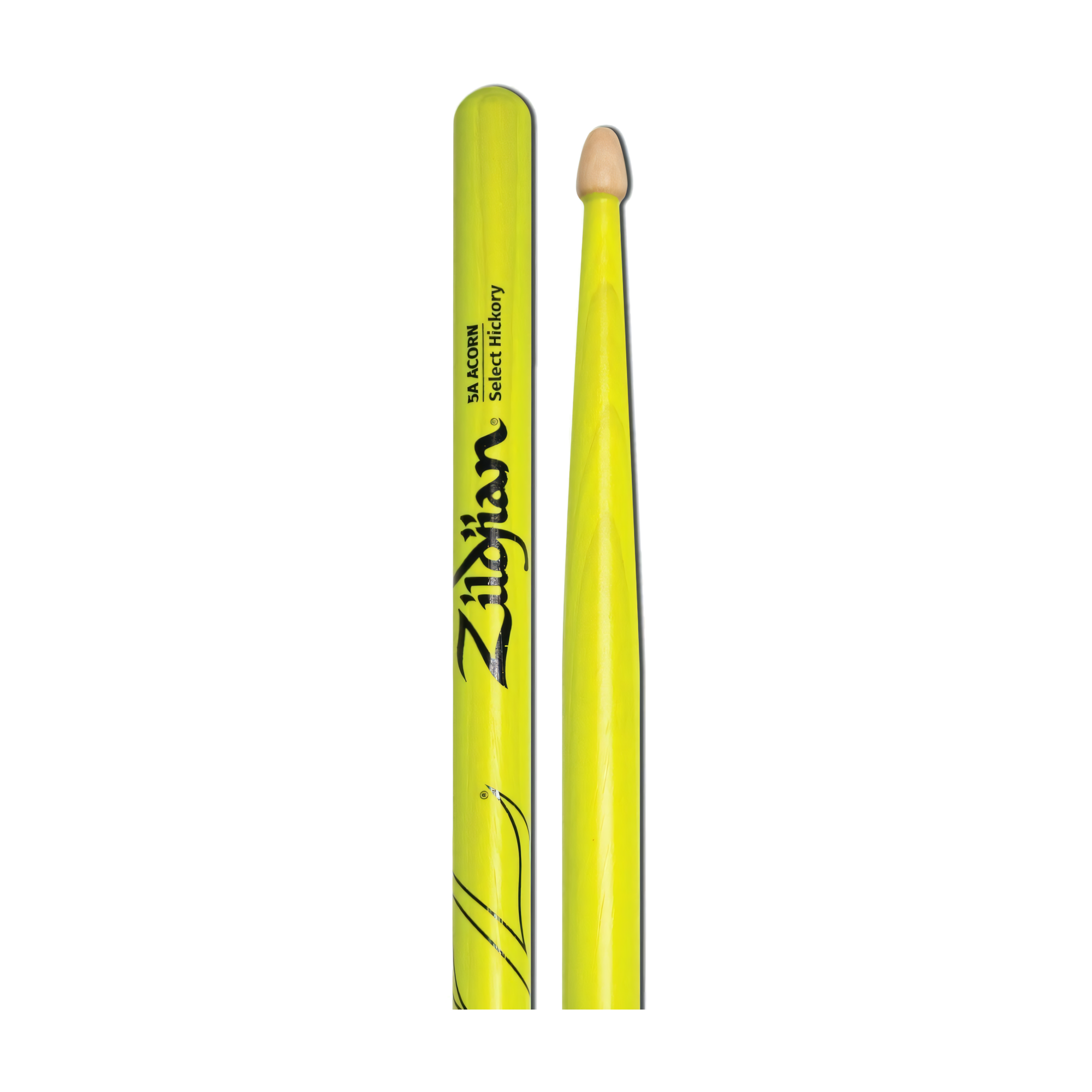 Close-up view of Zildjian Z5AACDGY 5A Acorn Neon Yellow Drumsticks