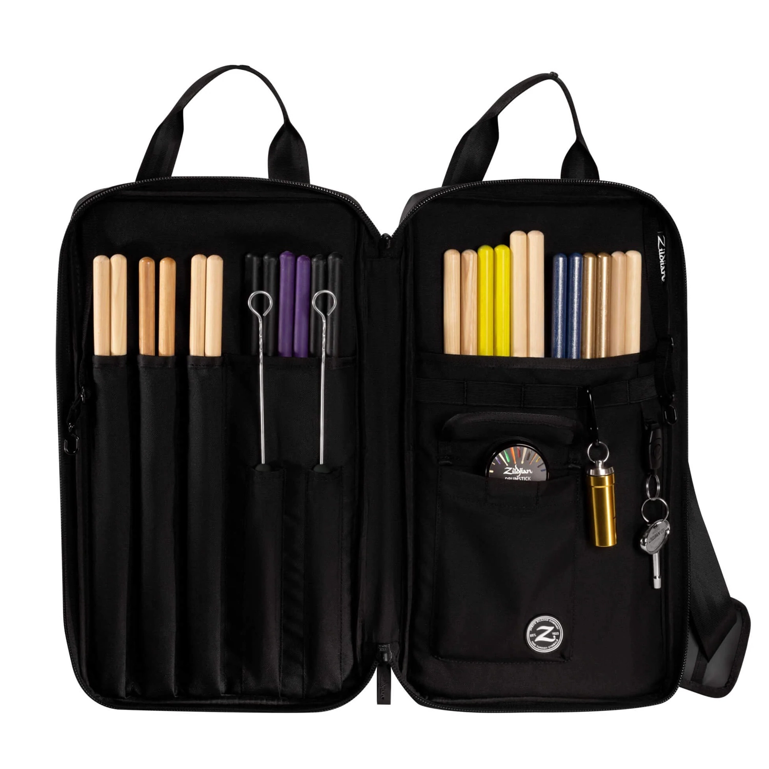 ZXSB00402 Inside look, pockets and compartments with mallets, on white background.