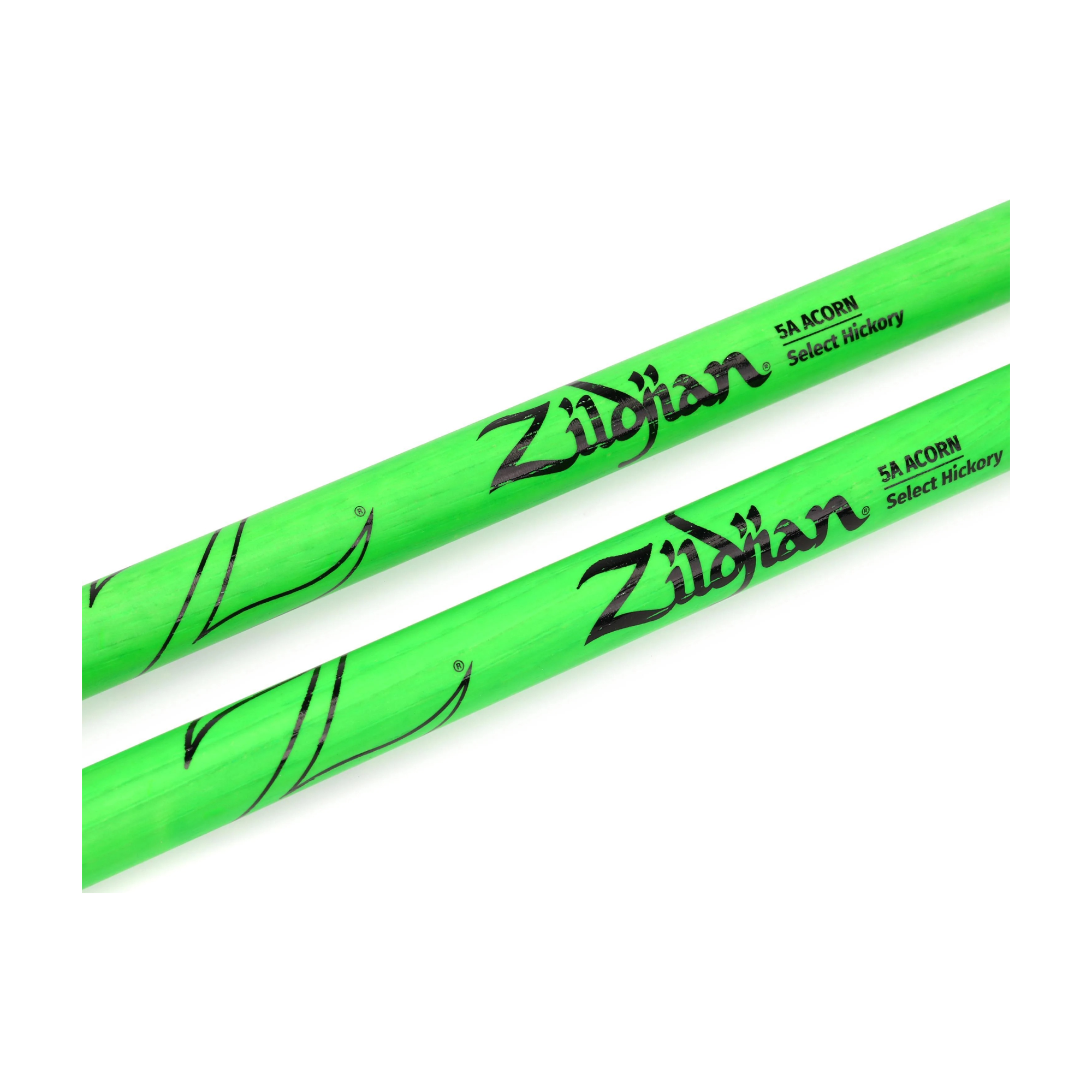 Close-up view of Zildjian Z5AACDGG 5A Acorn Wood Neon Green Drumsticks, Pair
