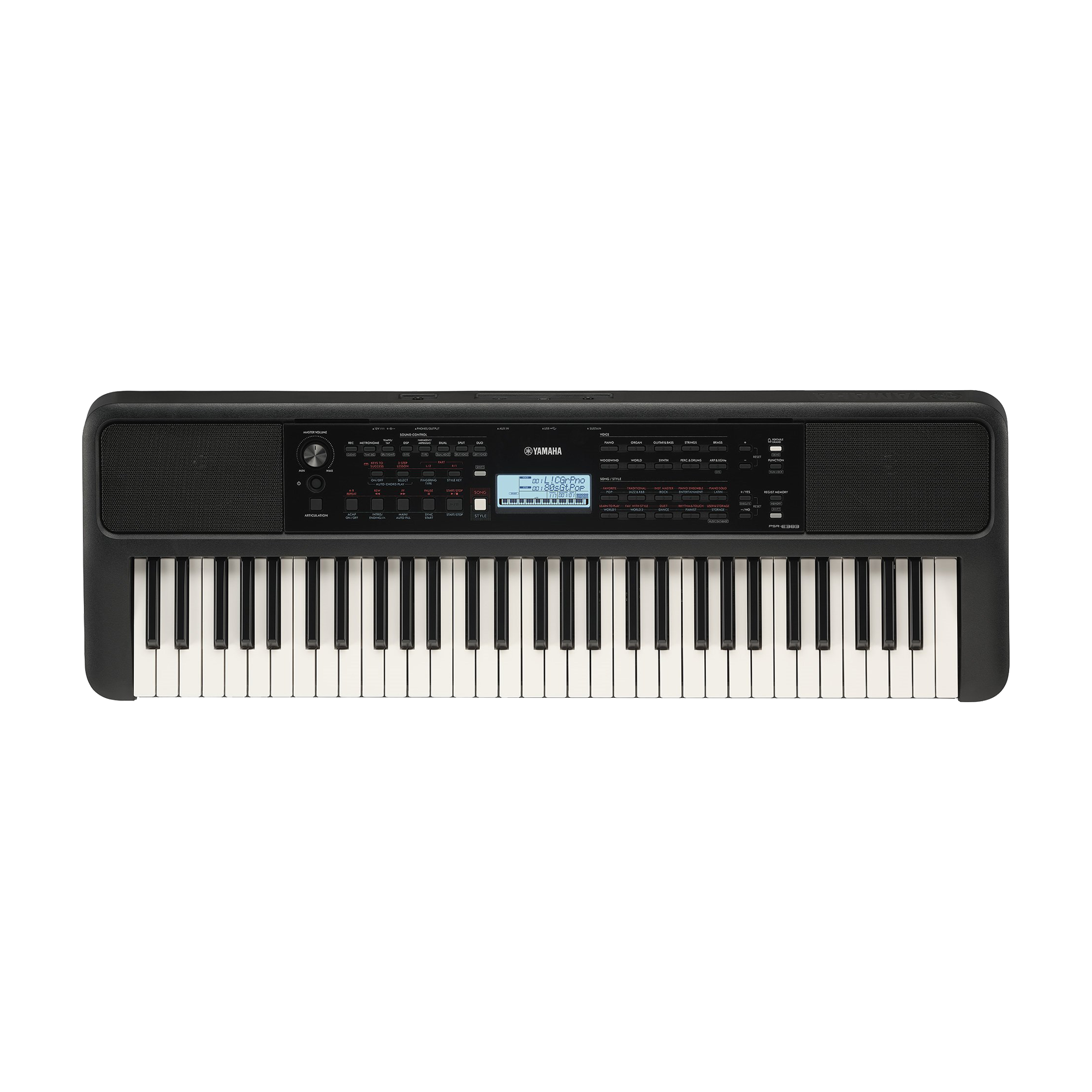 Front view of Yamaha PSRE383 61-key Mid-range Portable Keyboard