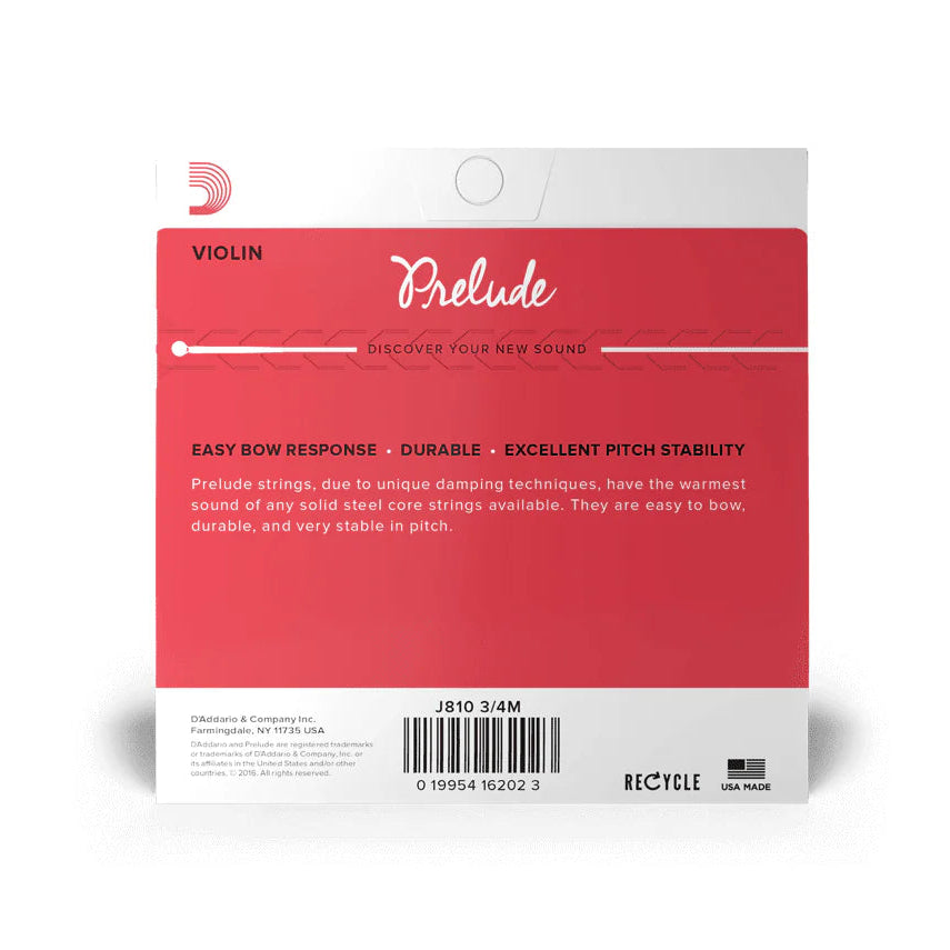 Juego de Cuerdas para Violín D'Addario Prelude, Escala 3/4, Tensión Media