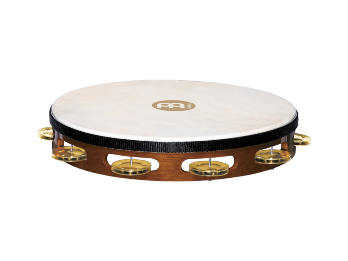 Traditional Goat-Skin Wood Tambourine, Brass Jingles