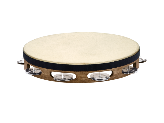 Traditional Goat-Skin Wood Tambourine, Stainless Steel Jingles, 1 Row