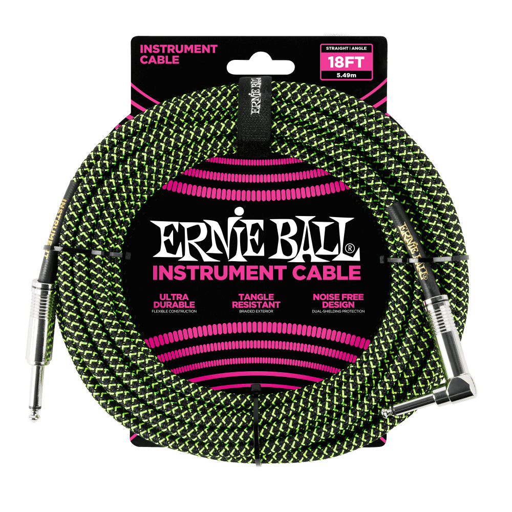 Ernie Ball 18' Straight to Angle Braided Instrument Cable Black and Green