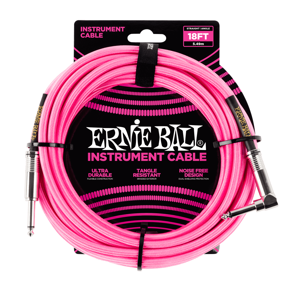 Ernie Ball 18' Straight to Angle Braided Instrument Cable Neon Pink