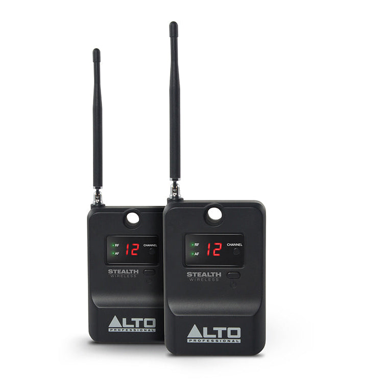 Two black single channel receivers with antennas, labeled as Alto Professional Stealth Wireless, with an award badge stating 'NAMM 30th Anniversary Winner'.
