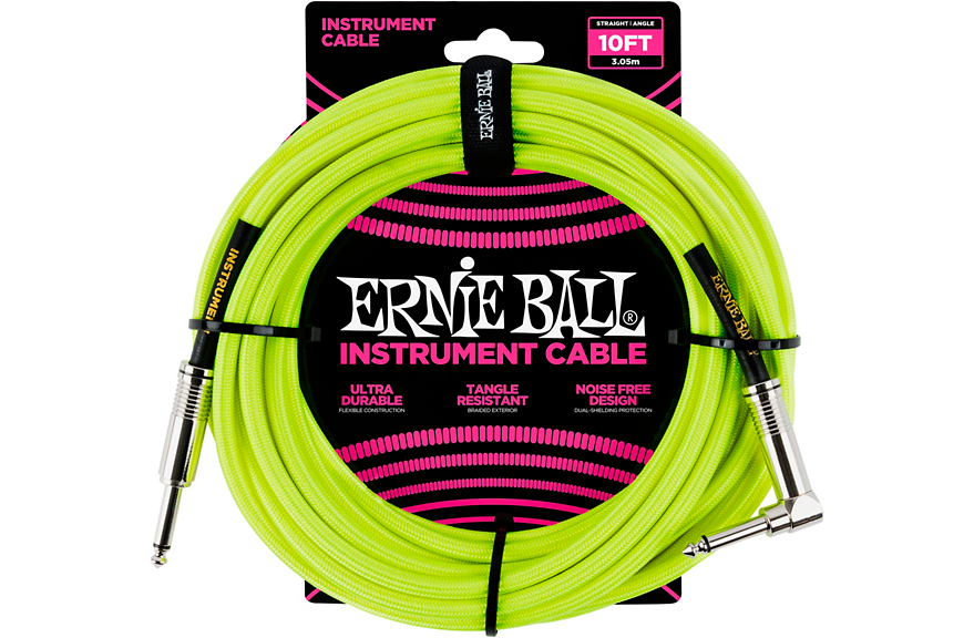 Ernie Ball 10' Straight to Angle Braided Instrument Cable Neon Green