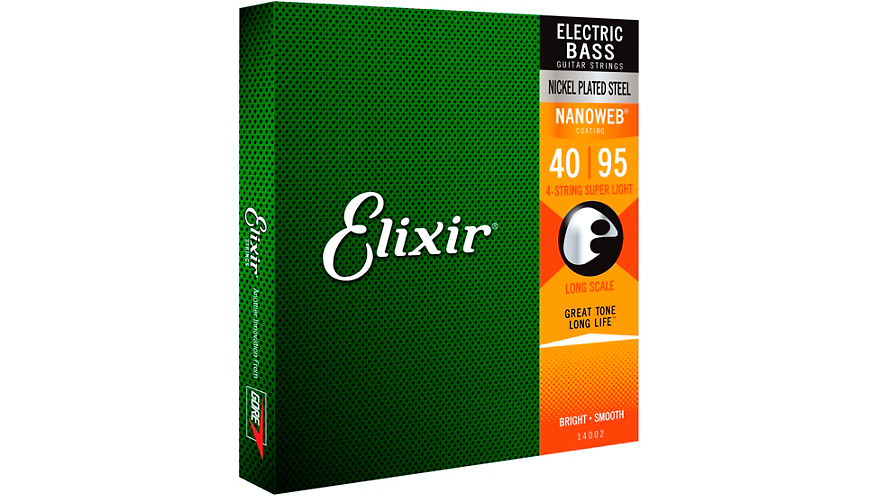 Cuerdas de Bajo de 4 Cuerdas de Acero Niquelado Elixir con Recubrimiento NANOWEB, Escala Larga, Súper Ligera (.040-.095)