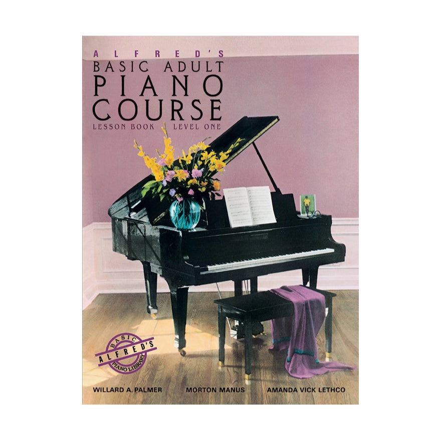 Book cover of Alfred's Basic Adult Piano Course Lesson Book Level One with a piano and flowers on the cover.