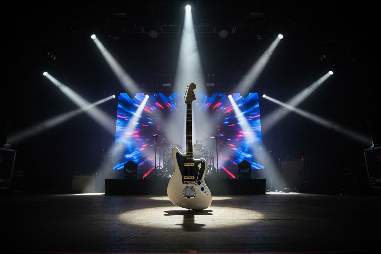 Electric guitar on a stage with dramatic lighting
