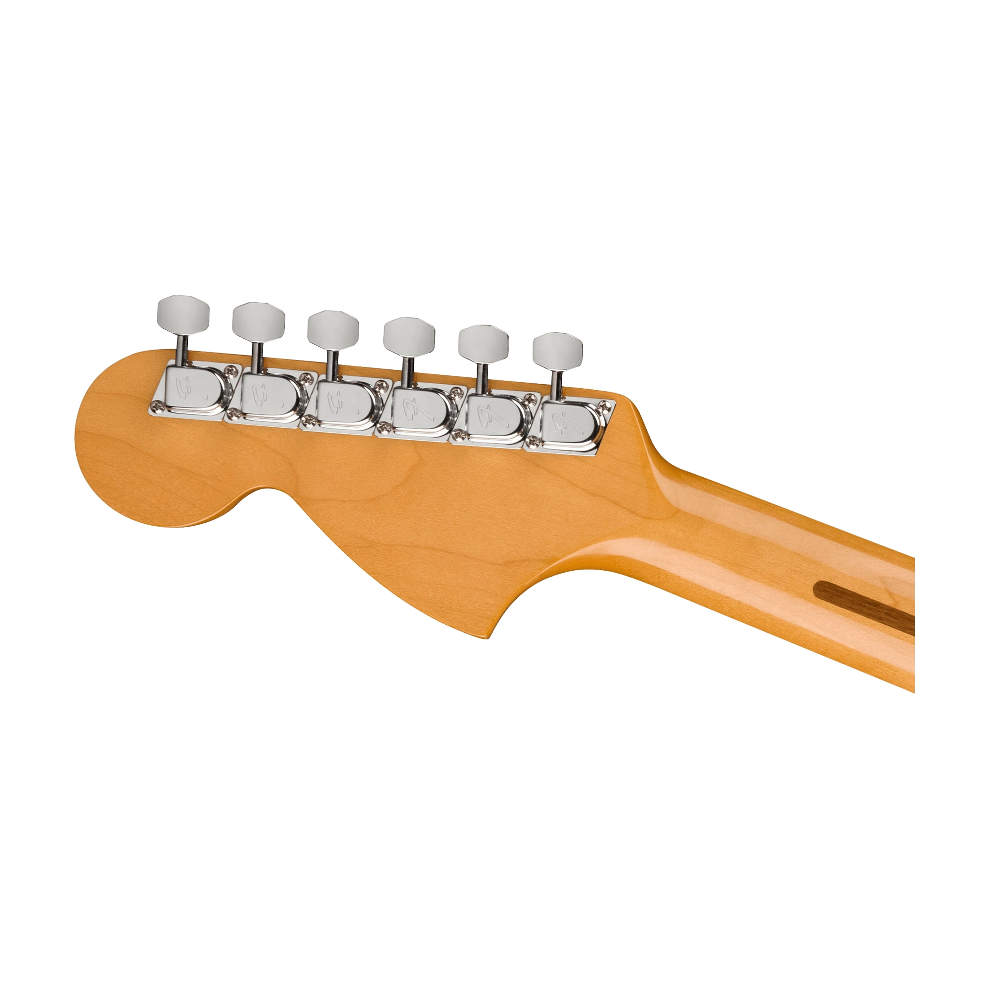 Guitar headstock with tuning pegs on a white background