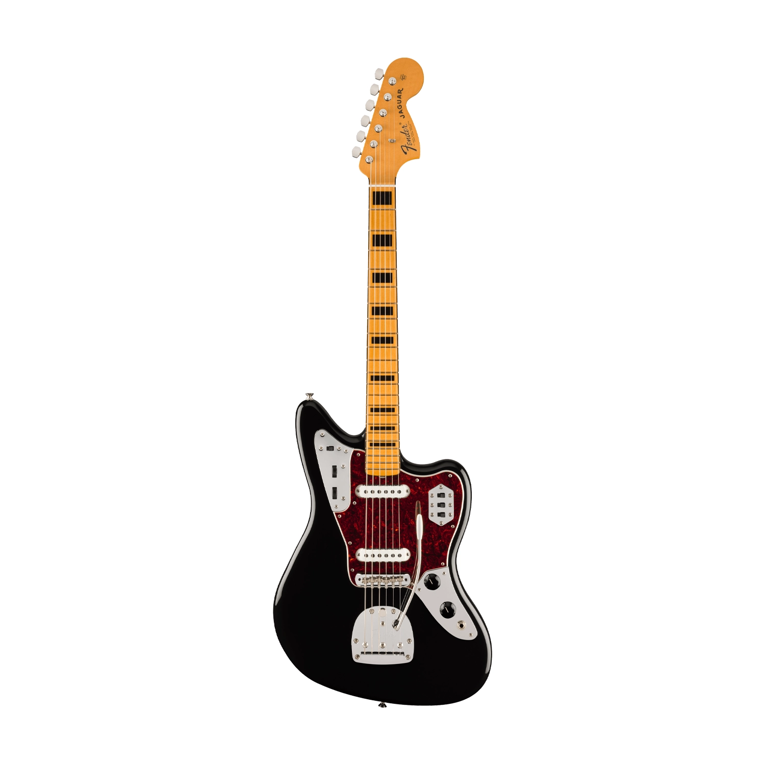 Front view image of Fender Vintera Il 70's Jaguar Electric Guitar - Black color, tortoiseshell pickguard and maple neck