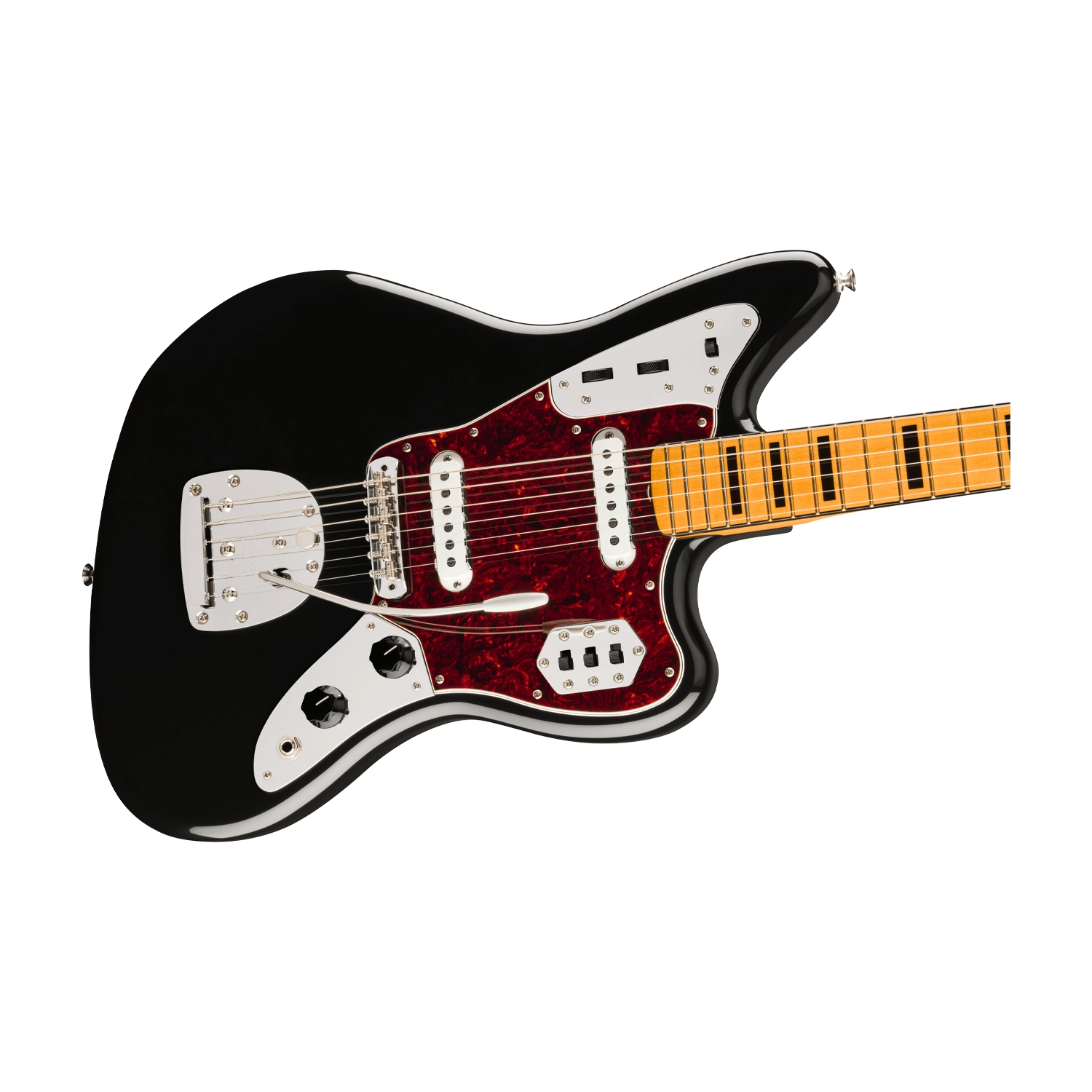 Close up view image of Fender Vintera Il 70's Jaguar Electric Guitar - Black color, tortoiseshell pickguard 