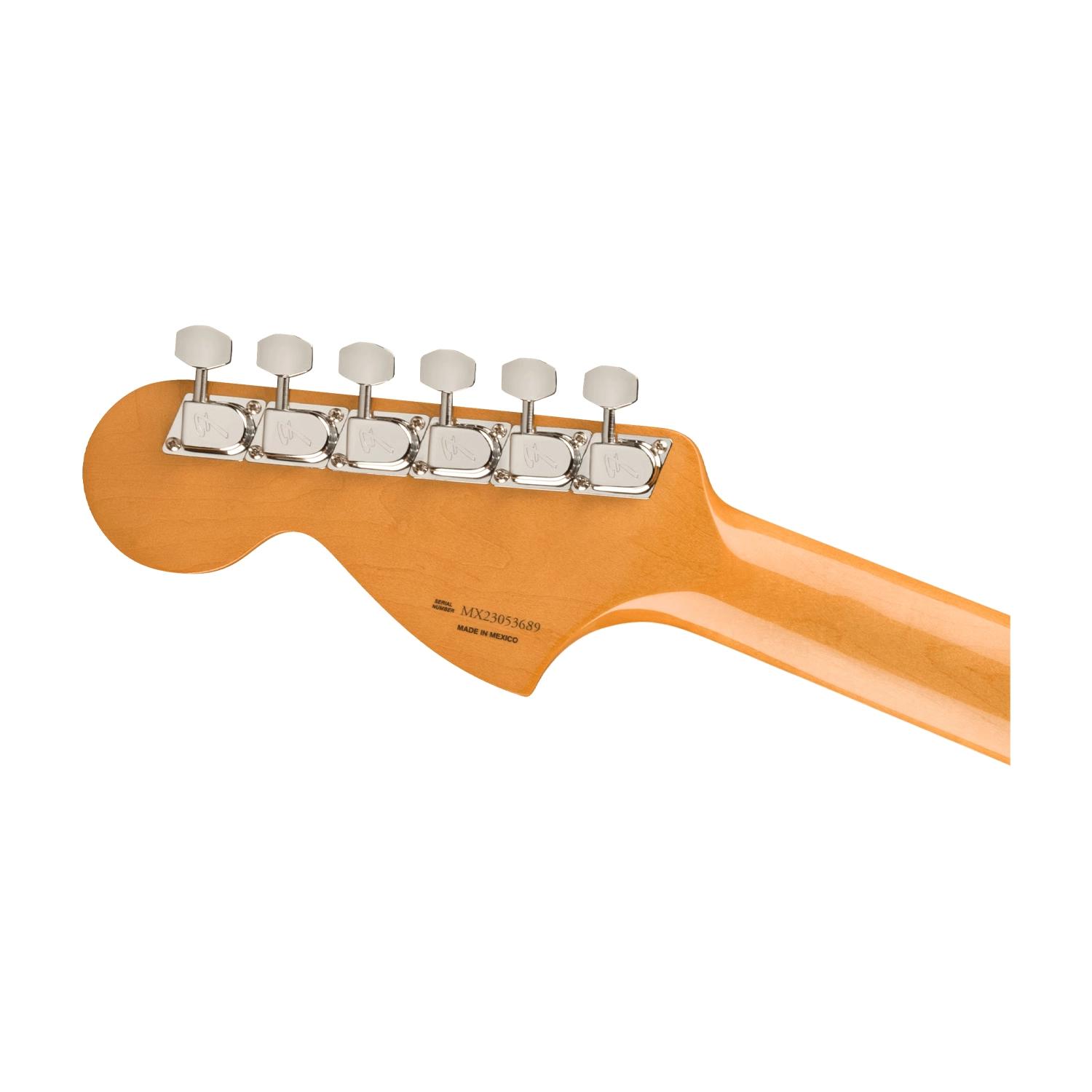 Jaguar Electric Guitar headstock back showing Fender Vintage “F” Stamped tuning pegs and made in mexico serial number