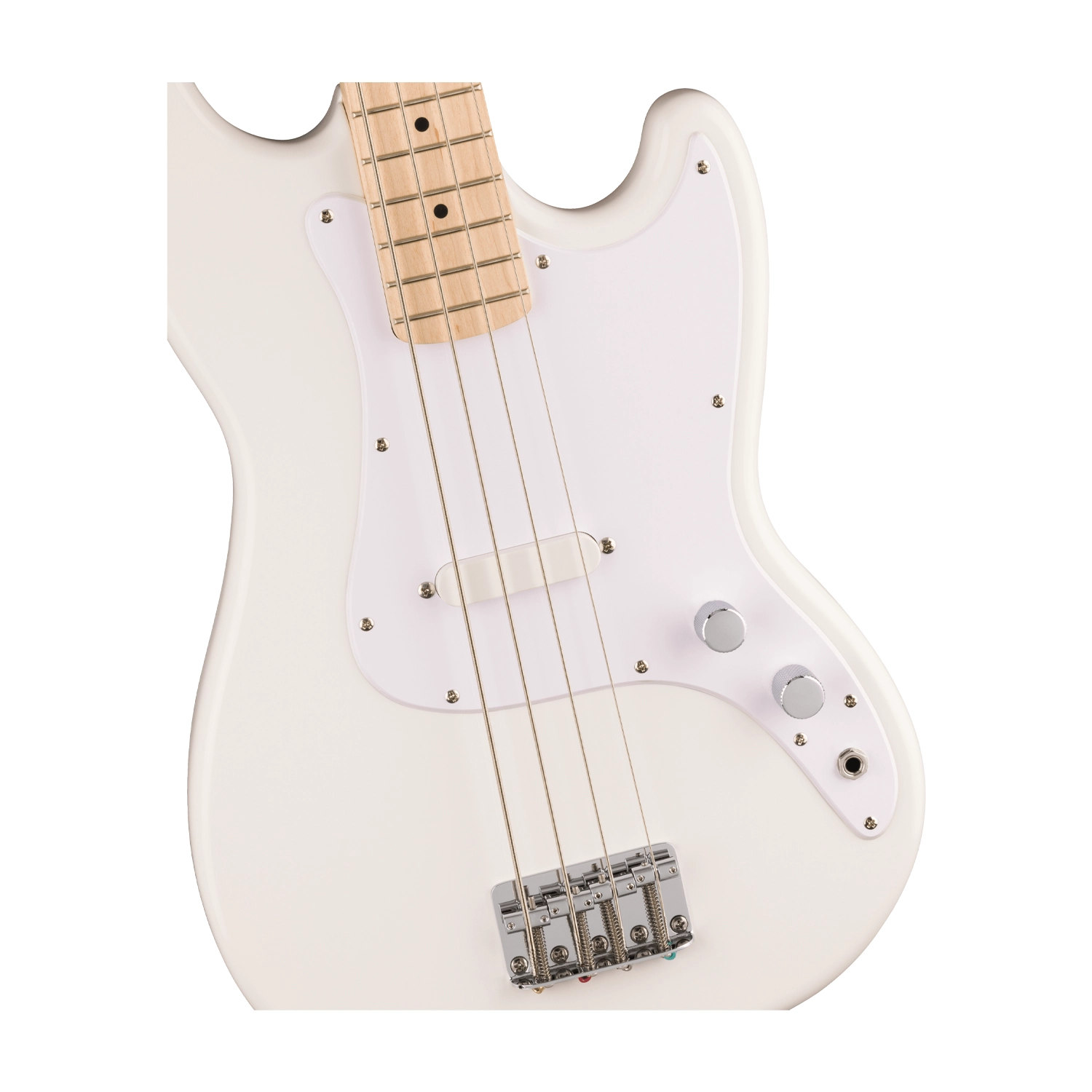 Squier Sonic Bronco Electric Bass Guitar - Artic White front side view close up body