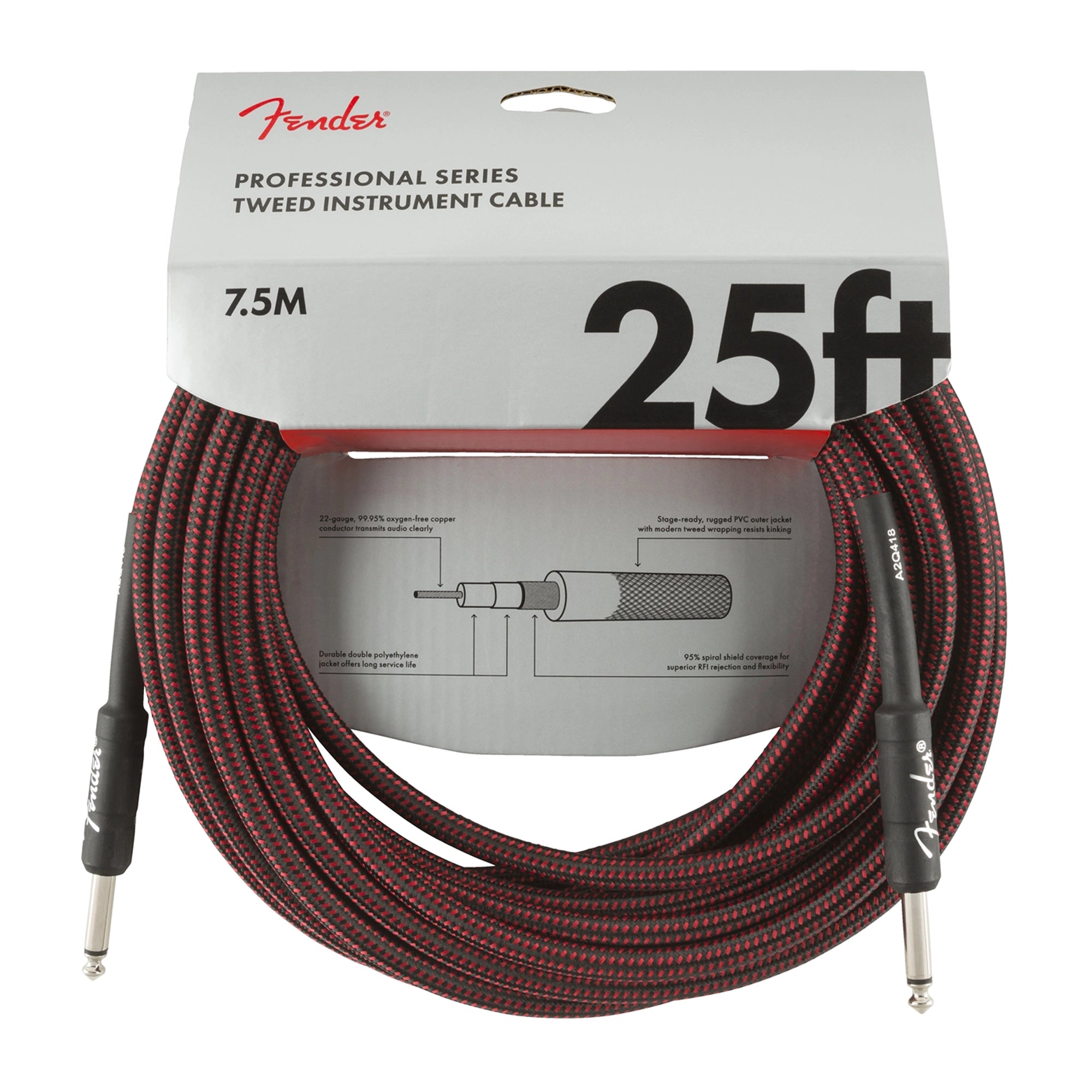 Fender Professional Series Straight to Straight Instrument Cable - 25 foot Red Tweed