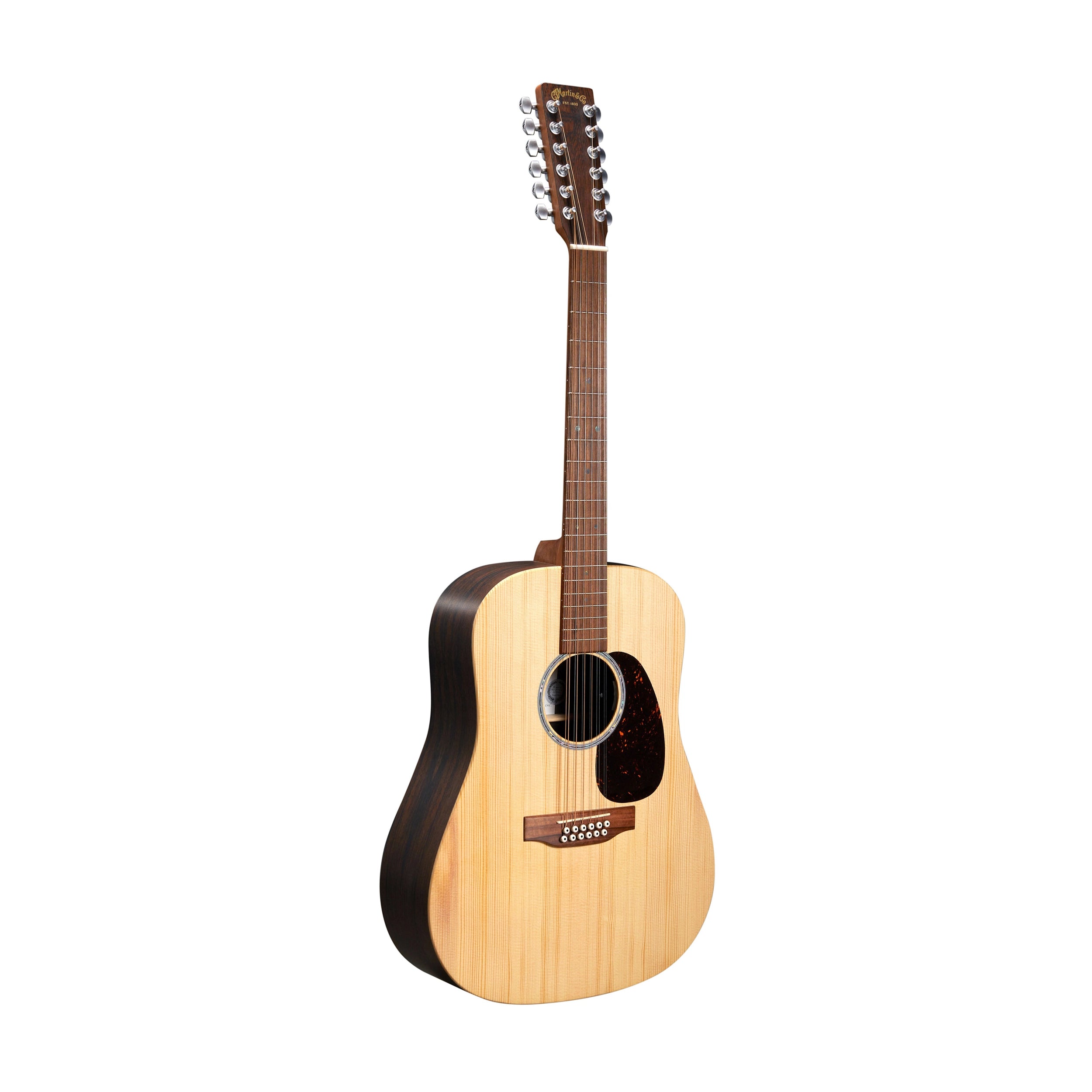 Front tilted view of Martin D-X2E 12-string Acoustic-electric Guitar - Natural wood color and Brazilian Rosewood side