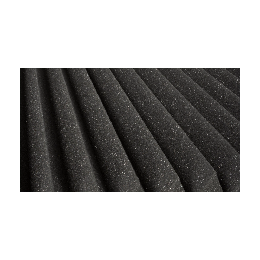 Close up view a charcoal gray wedge-style absorption studio foam panel
