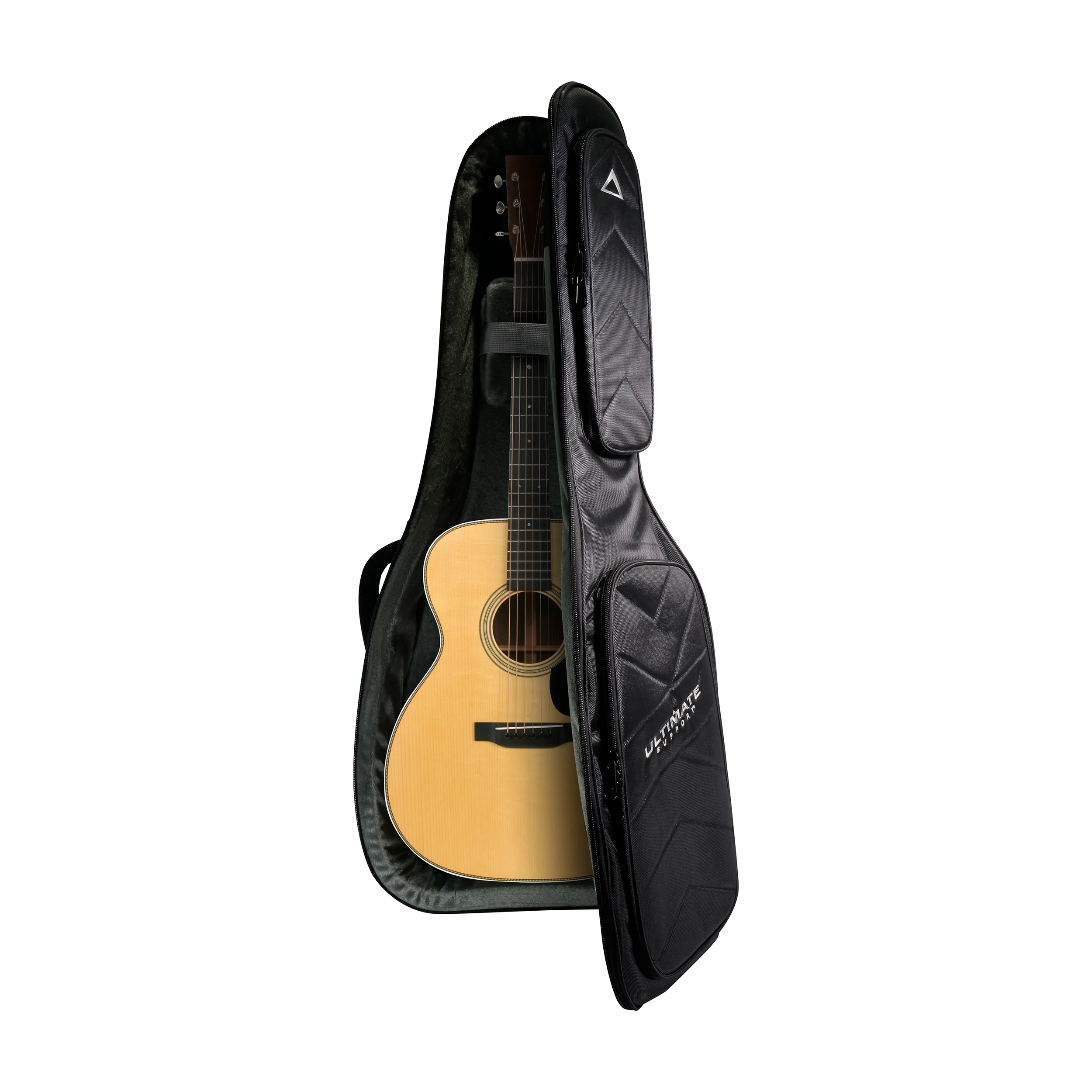 Full view of Ultimate Support USGB-PERF-AG Gig Bag for Acoustic Guitar View with an acoustic guitar