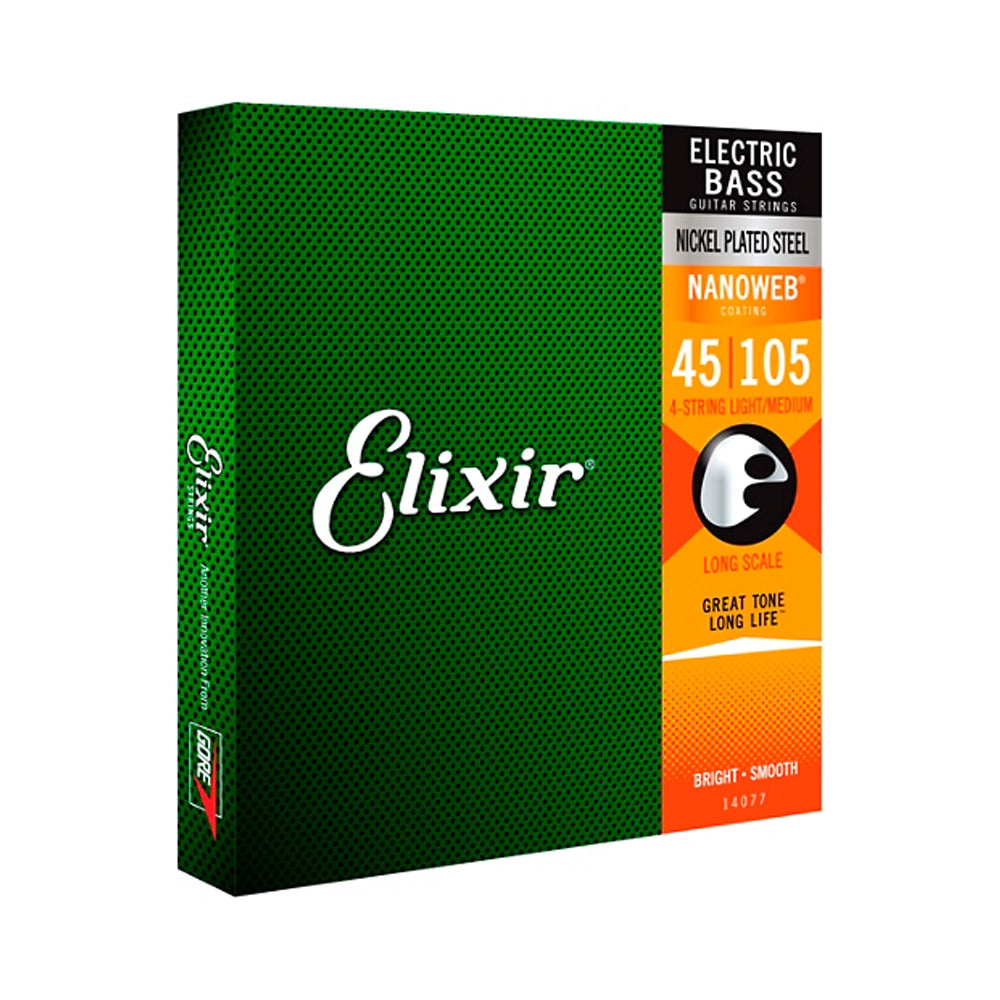 Cuerdas de Bajo de 4 Cuerdas de Acero Niquelado Elixir con Recubrimiento NANOWEB, Escala Larga, Ligera (.045-.105)