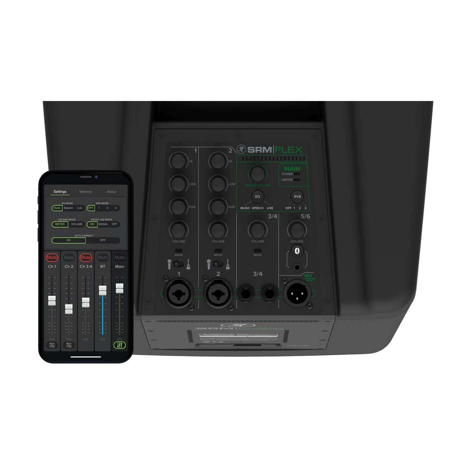 Mackie SRM-FLEX Column Array Portable 1300W PA System control panel view and mobile device operating interface
