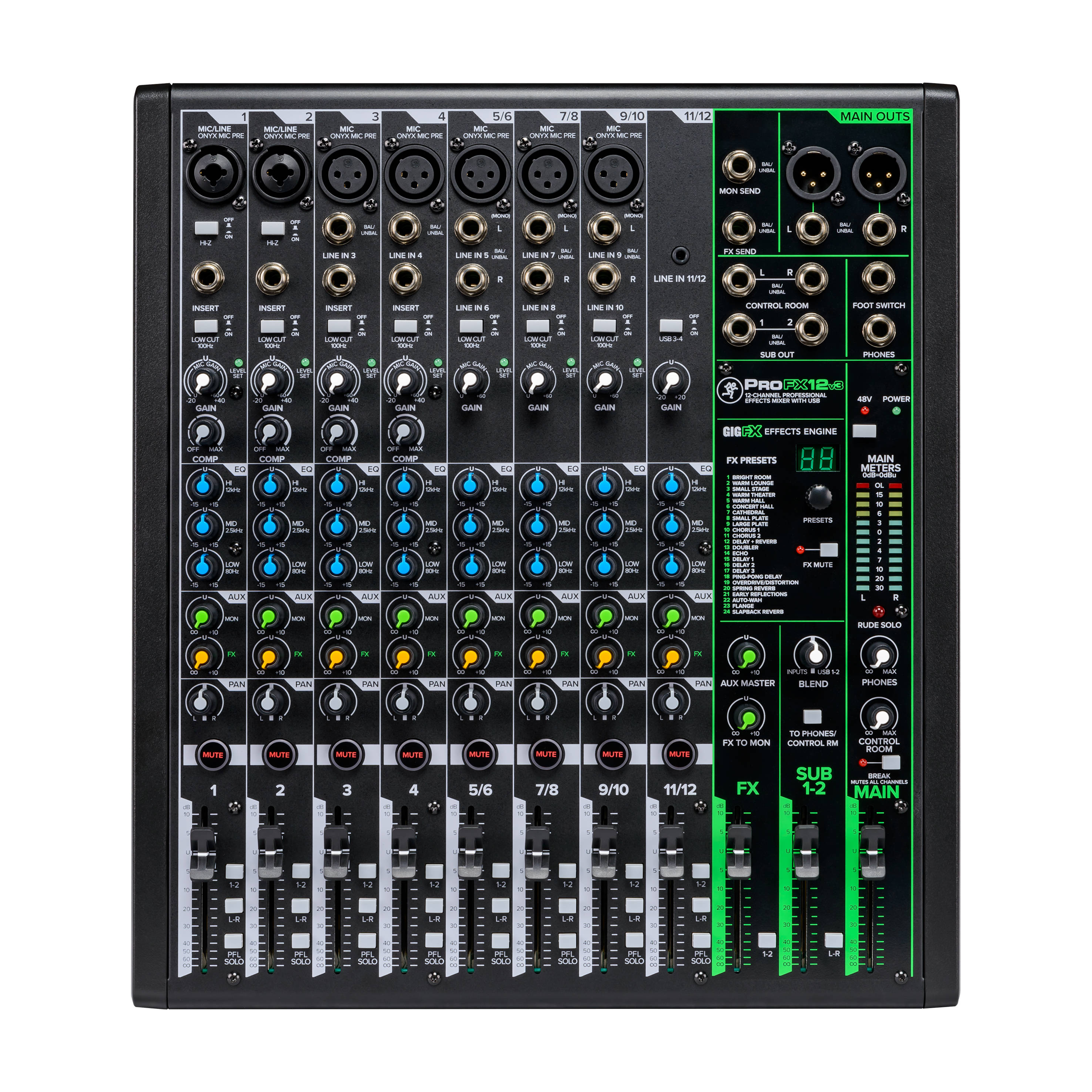 Mackie PROFX12V3 12-channel professional effects Mixer top view showing xlr & 1/4" inputs, eq and gain knobs, volume faders and fx panel