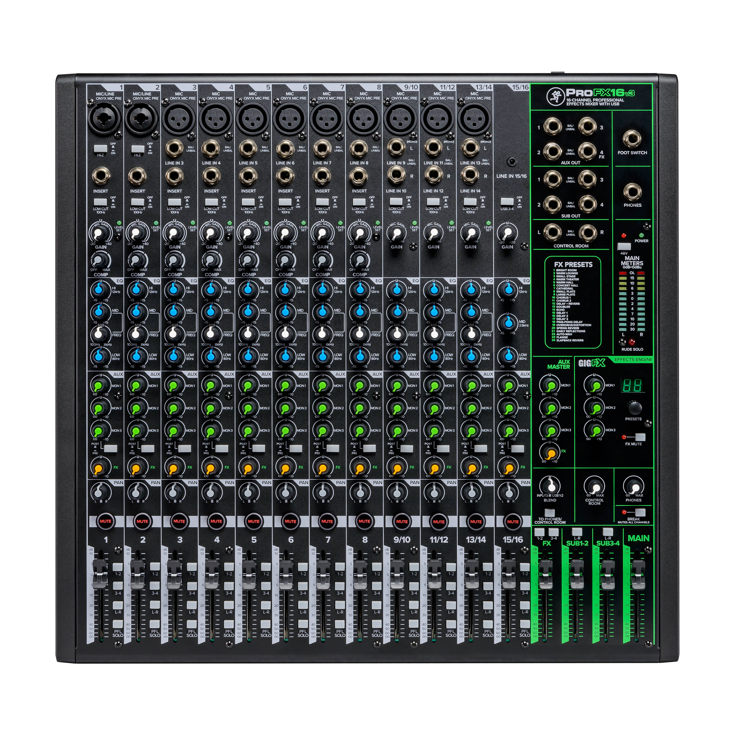 Mackie PROFX16V3 16-Channel 4-Bus Professional Effects Mixer top view showing knobs, faders, buttons, fx panel and xlr/1/4" inputs