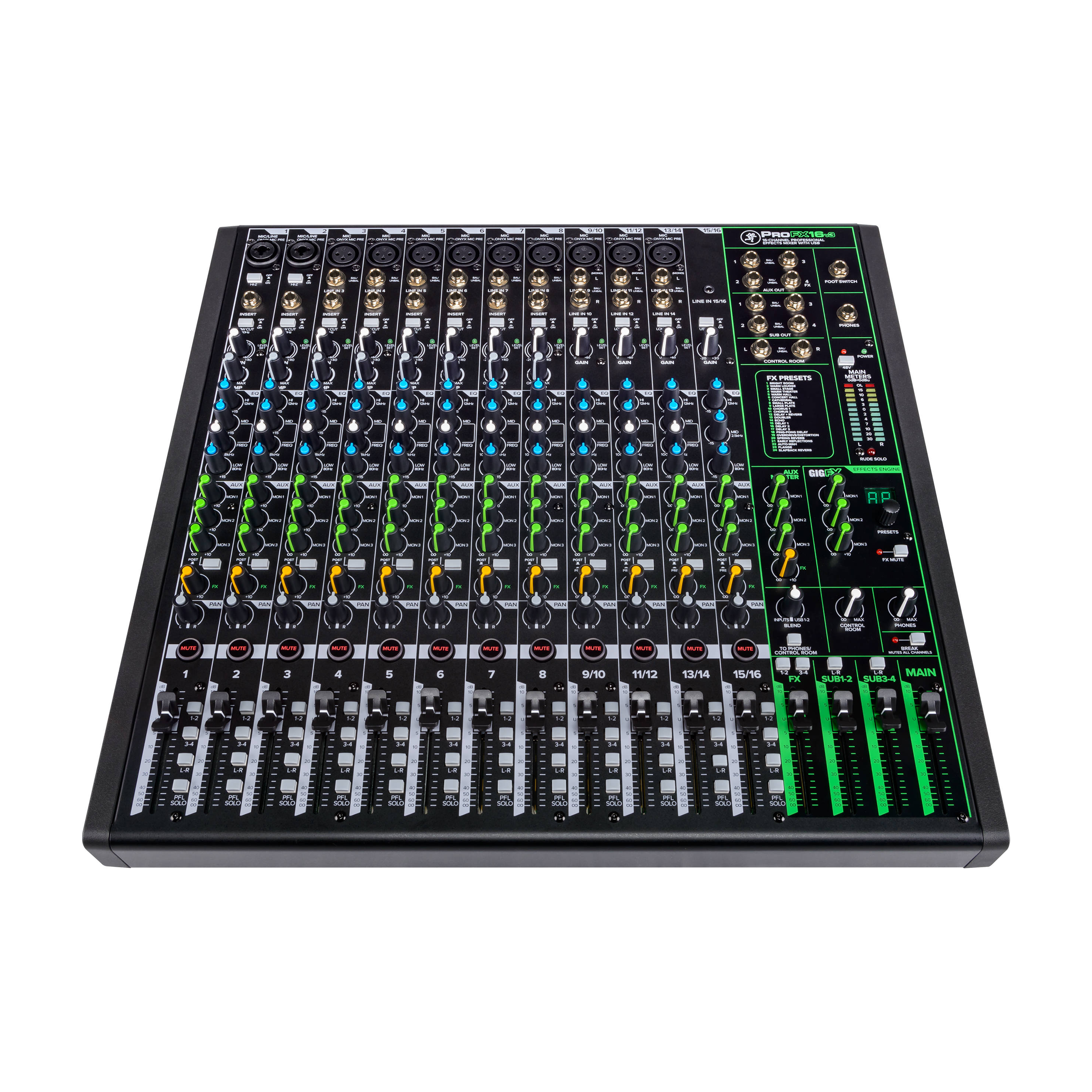 Mackie PROFX16V3 16-Channel 4-Bus Professional Effects Mixer top tilted view showing knobs, faders, buttons, fx panel and xlr/1/4" inputs