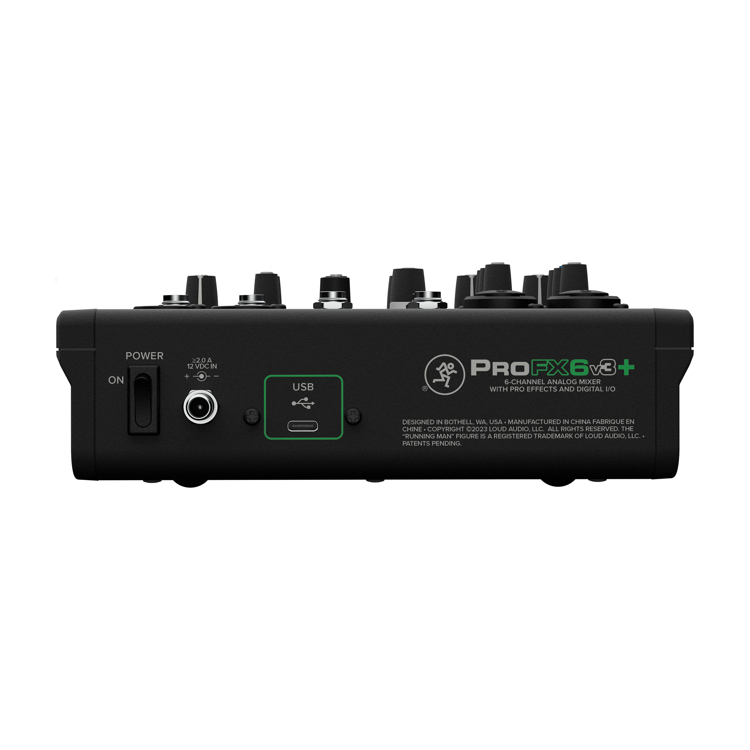 Mackie Profx6v3+ 6-channel mixer back panel view showing power supply input, on/off switch and usb-c port