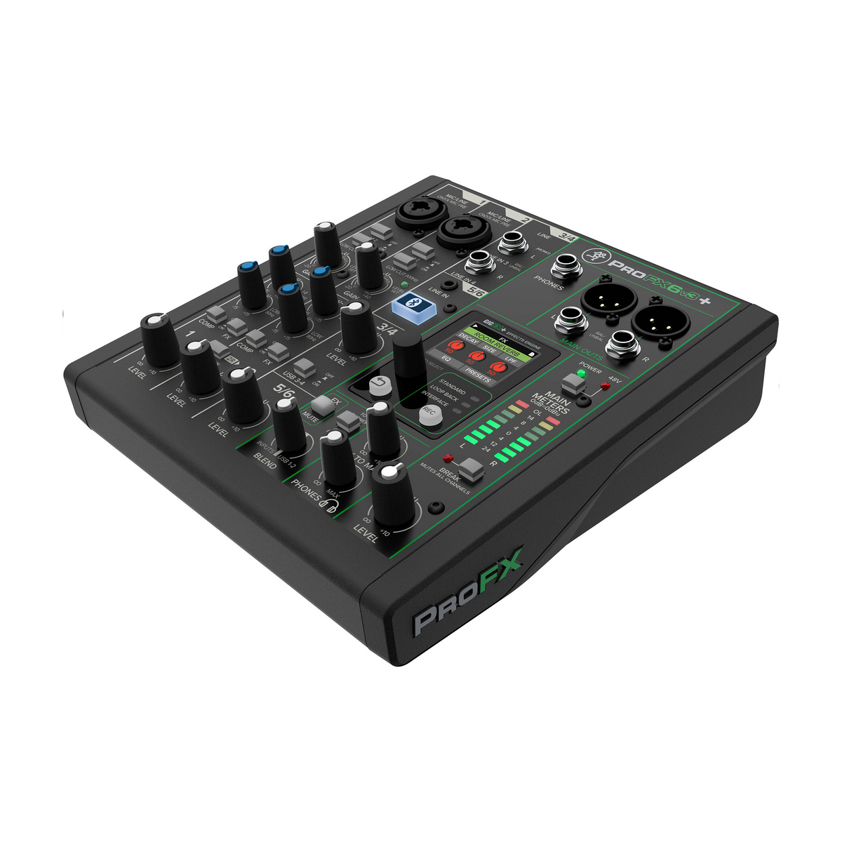 Mackie Profx6v3+ 6-channel mixer top view showing gain and eq knobs, fx panel and xlr/1/4" inputs and outputs right side tilted view