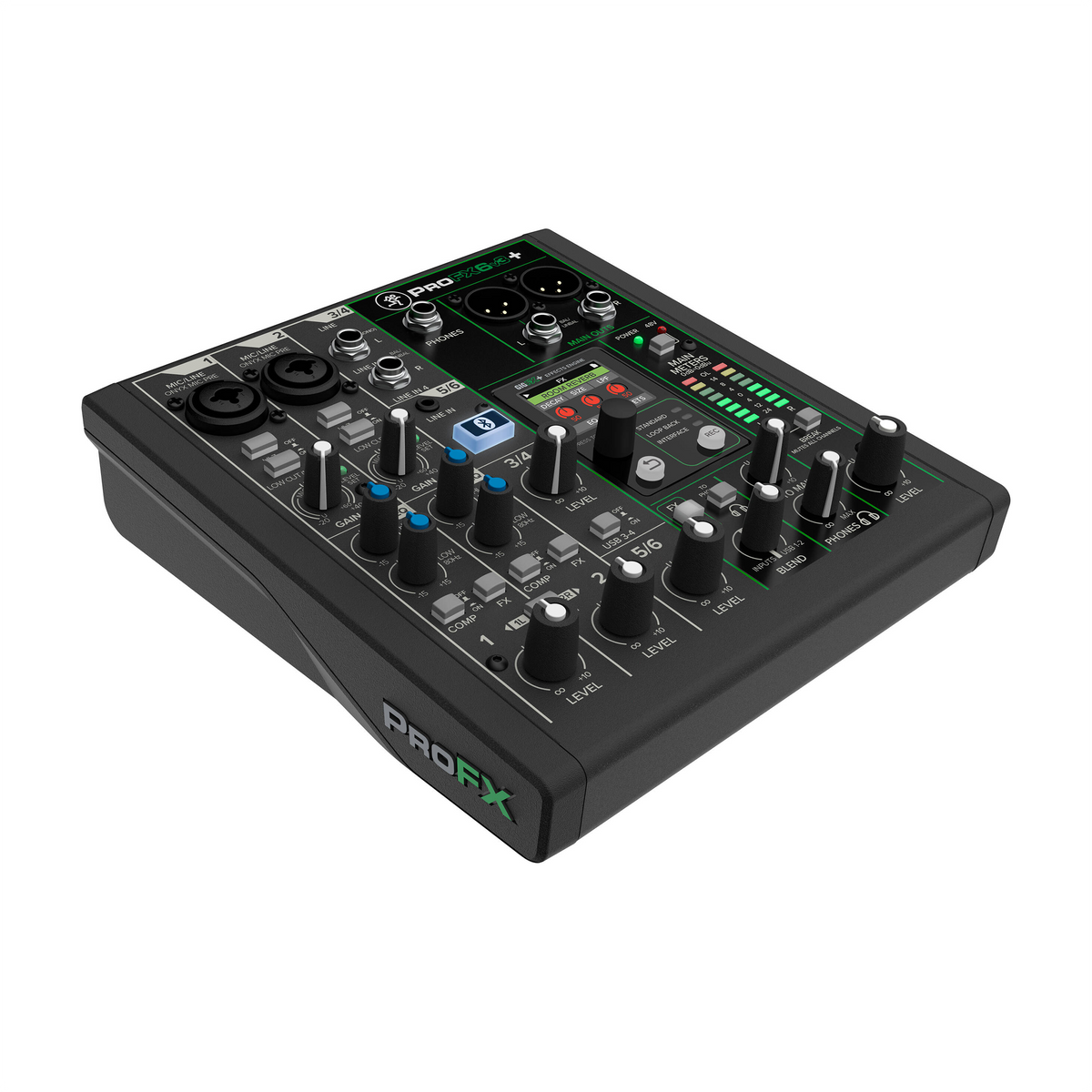 Mackie Profx6v3+ 6-channel mixer top view showing gain and eq knobs, fx panel and xlr/1/4" inputs and outputs left side tlted view