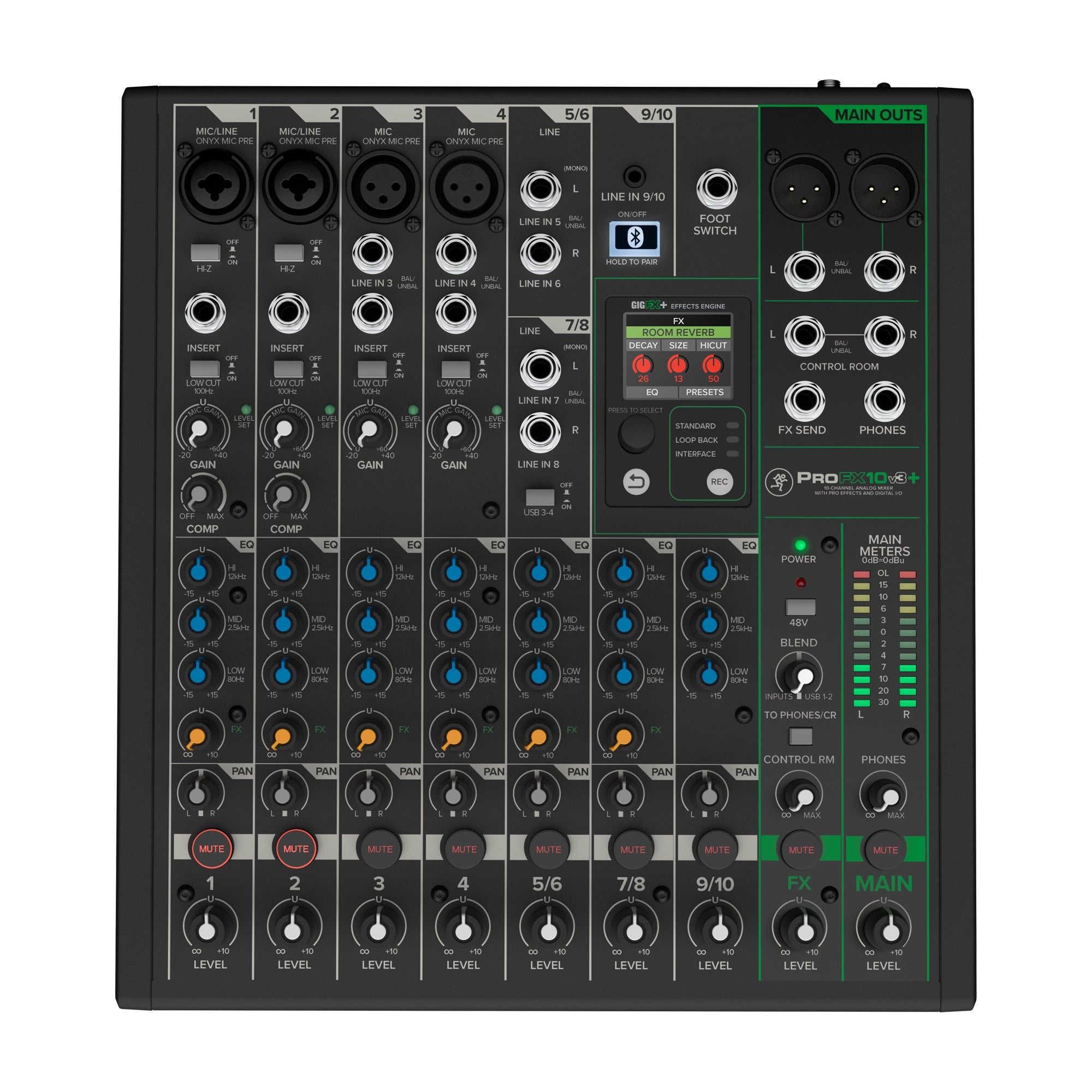 Top view of Mackie ProFX10v3+ 10-Channel Mixer with various audio input and output ports, control knobs, and a digital display.